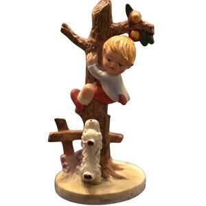 Hummel Style 6.5" Porcelain Figurine Statue of Boy in Apple Tree w/ Terrier Dog